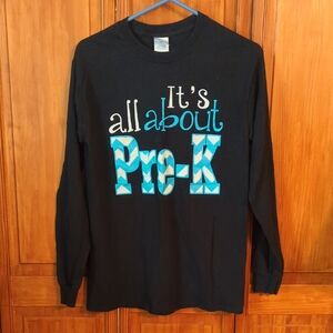 Gildan Black Long Sleeve Tee with Blue and White Print